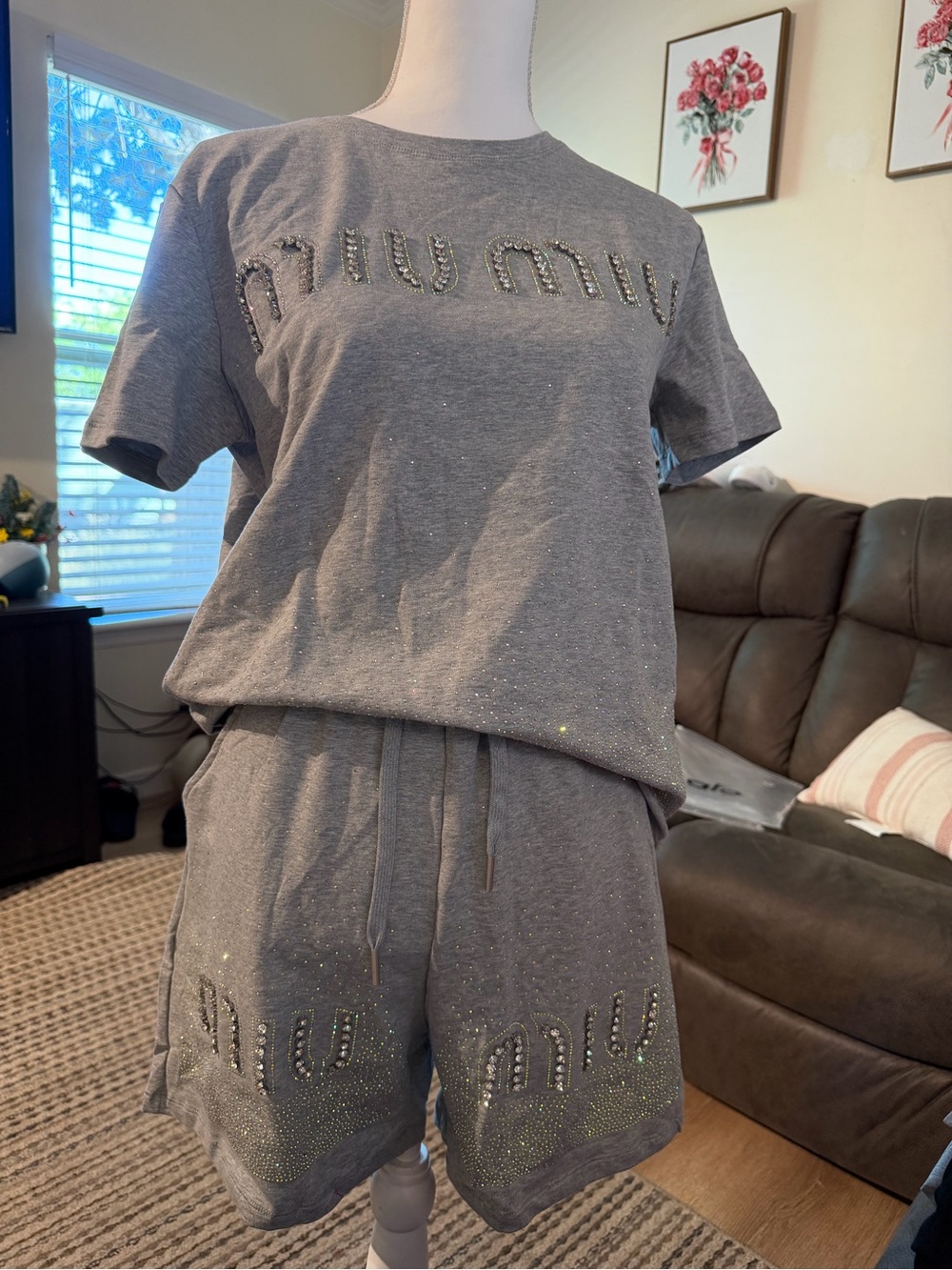 Gray Crystal-Embellished Short Sleeve Lounge Set